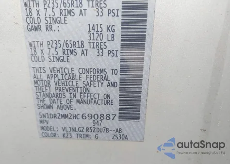 2017 Nissan Pathfinder Sl из США, поврежденный, VIN 5N1DR2MM2HC690887